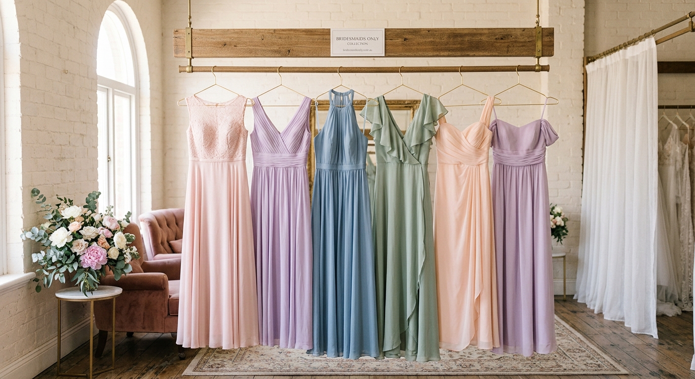 Elegant pastel bridesmaid dresses hanging on a rail in a bright boutique, natural light, editorial wedding photography style — for bridesmaidsonly.com.au