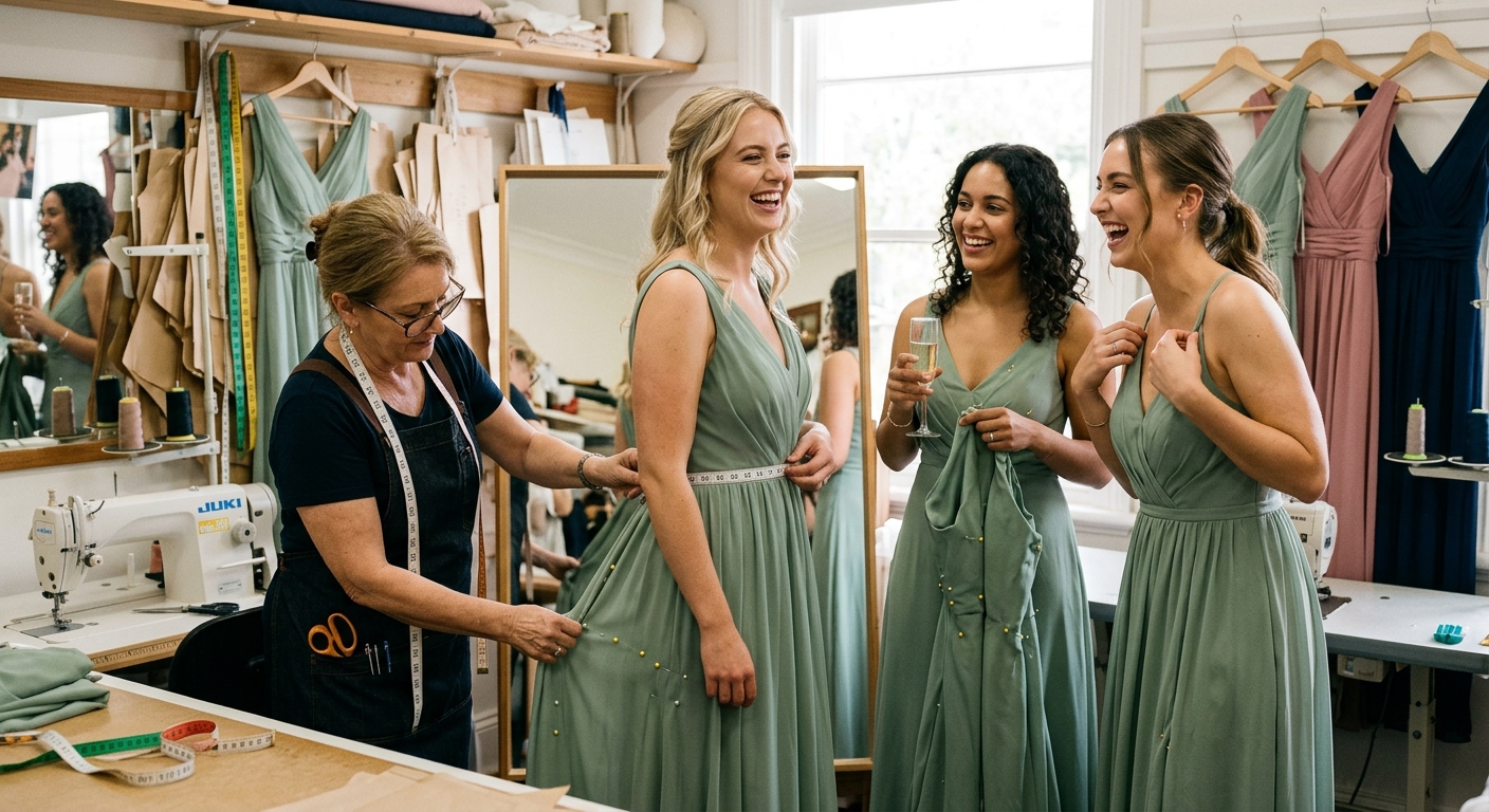 Bridesmaids having a fitting session at a tailor, pins and measuring tape visible, warm candid moment — for bridesmaidsonly.com.au