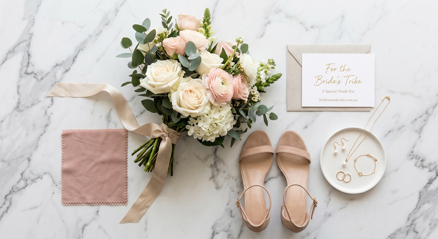 Flat-lay of bridesmaid accessories: shoes, bouquet, jewelry, and a dress swatch on marble — for bridesmaidsonly.com.au