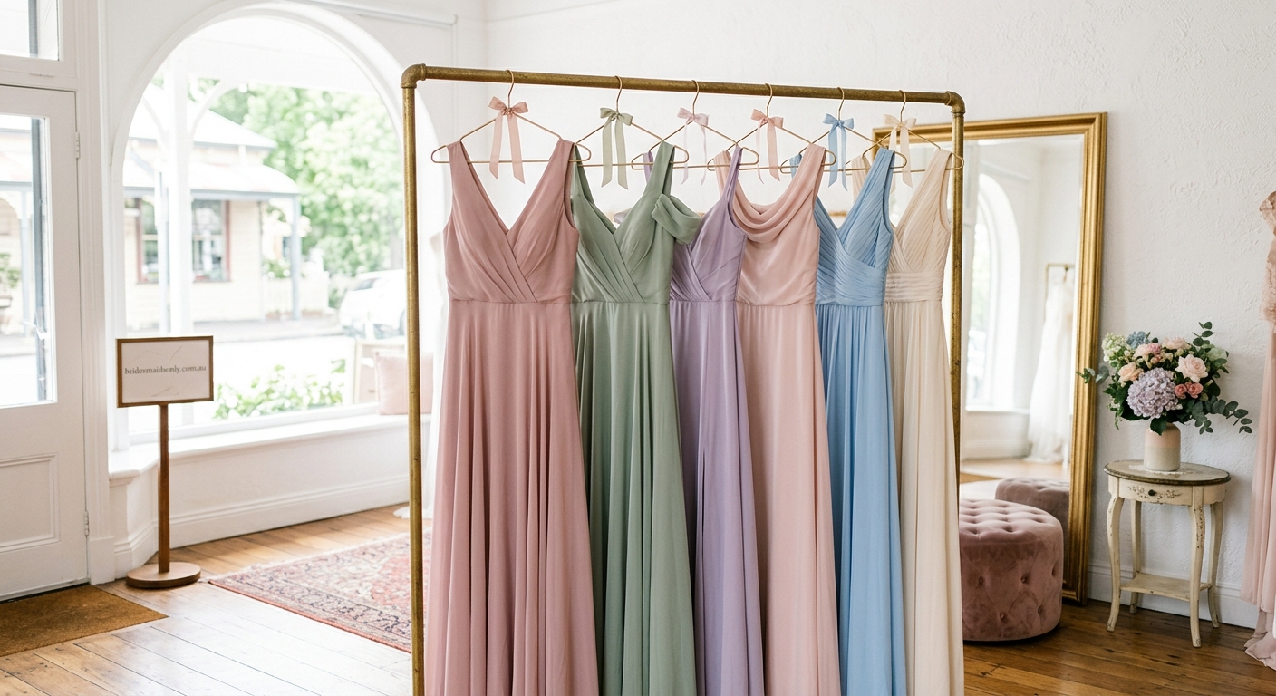 Elegant pastel bridesmaid dresses hanging on a rail in a bright boutique, natural light, editorial wedding photography s