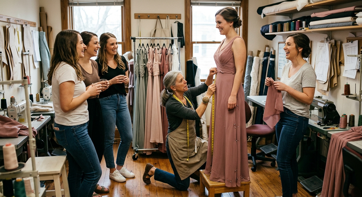 Bridesmaids having a fitting session at a tailor, pins and measuring tape visible, warm candid moment — for bridesmaidso