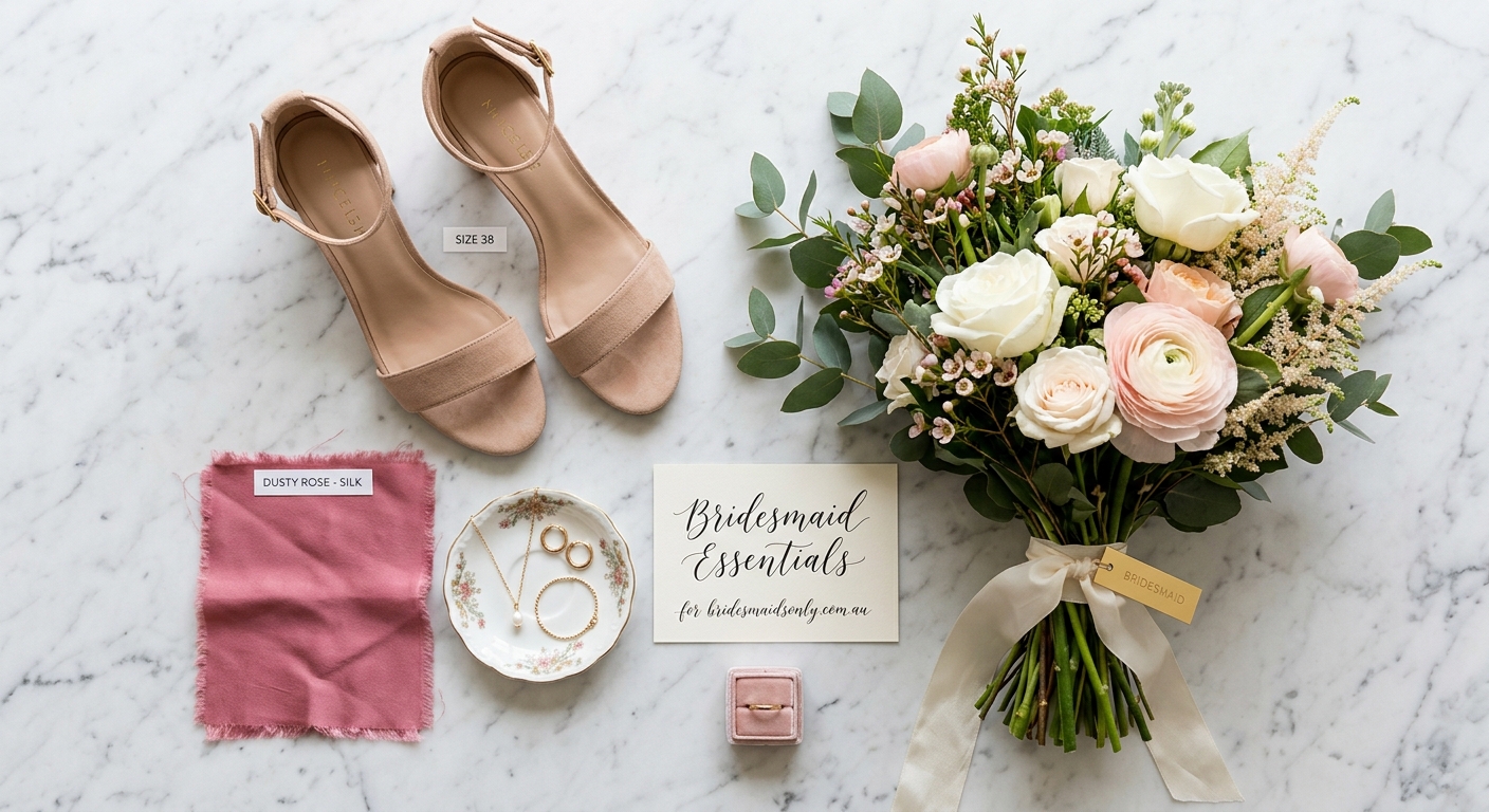 Flat-lay of bridesmaid accessories: shoes, bouquet, jewelry, and a dress swatch on marble — for bridesmaidsonly.com.au