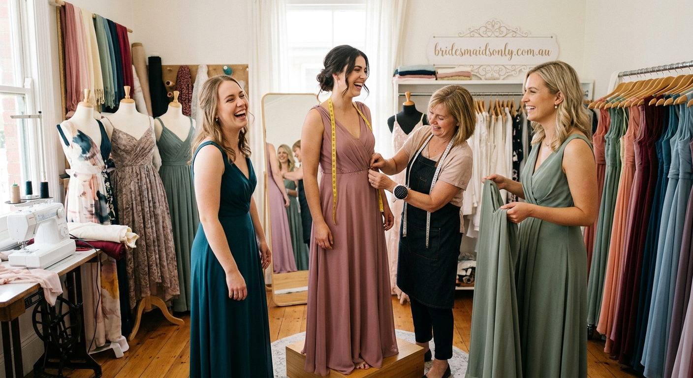 Bridesmaids having a fitting session at a tailor, pins and measuring tape visible, warm candid moment — for bridesmaidso