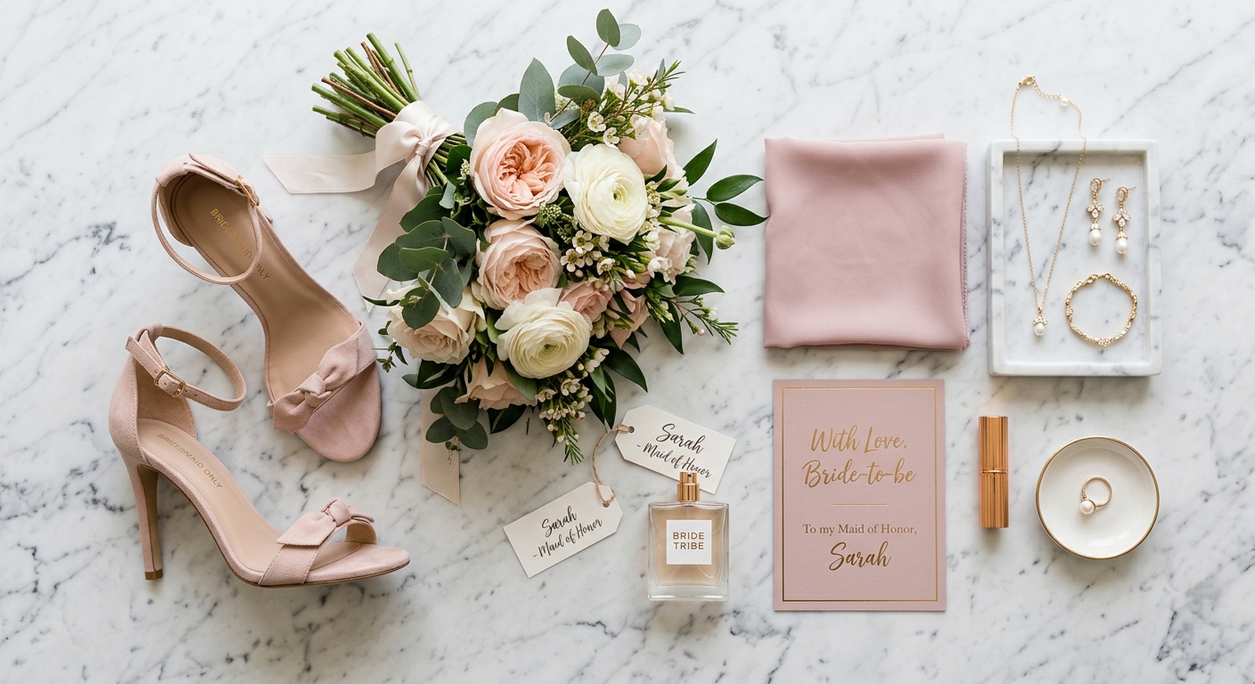 Flat-lay of bridesmaid accessories: shoes, bouquet, jewelry, and a dress swatch on marble — for bridesmaidsonly.com.au