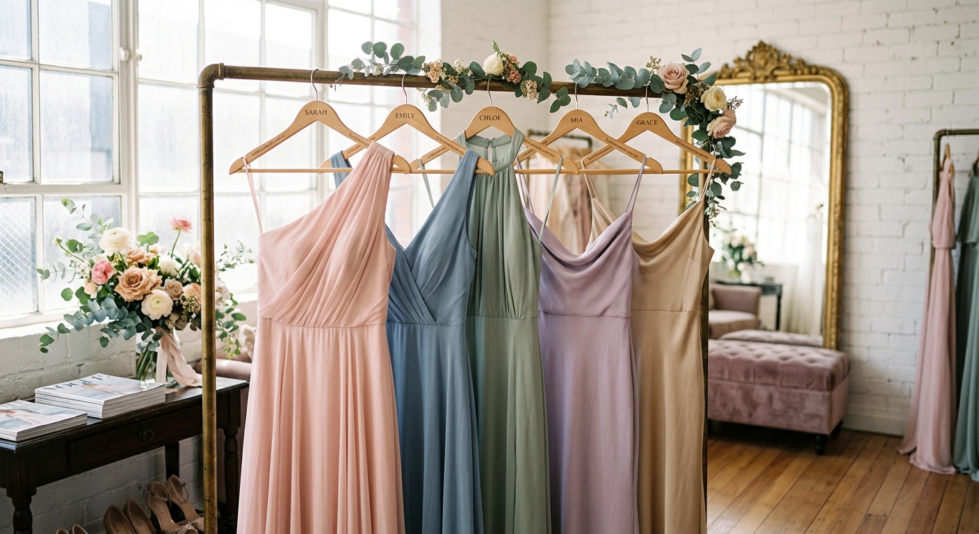 Elegant pastel bridesmaid dresses hanging on a rail in a bright boutique, natural light, editorial wedding photography style — for bridesmaidsonly.com.au