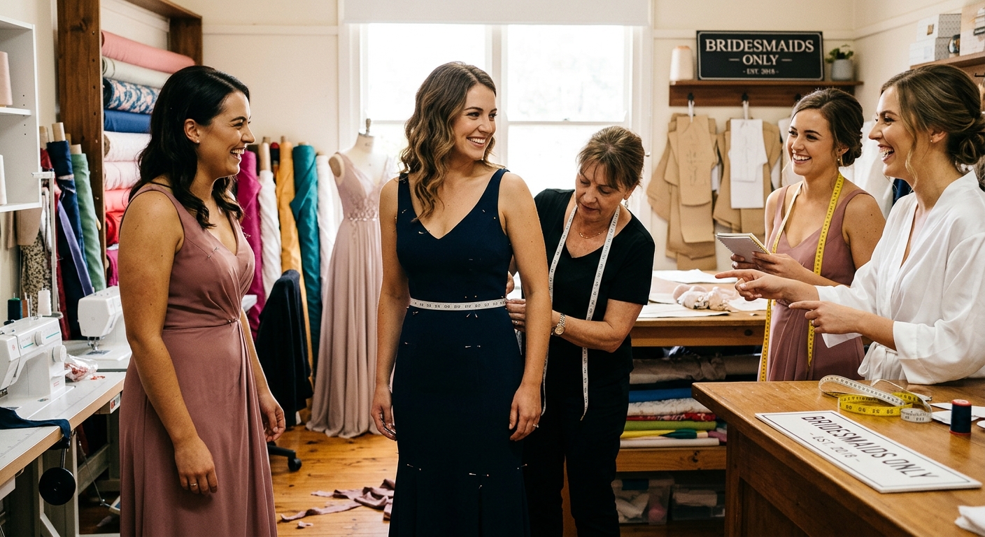 Bridesmaids having a fitting session at a tailor, pins and measuring tape visible, warm candid moment — for bridesmaidsonly.com.au