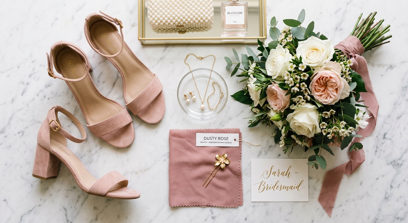 Flat-lay of bridesmaid accessories: shoes, bouquet, jewelry, and a dress swatch on marble — for bridesmaidsonly.com.au