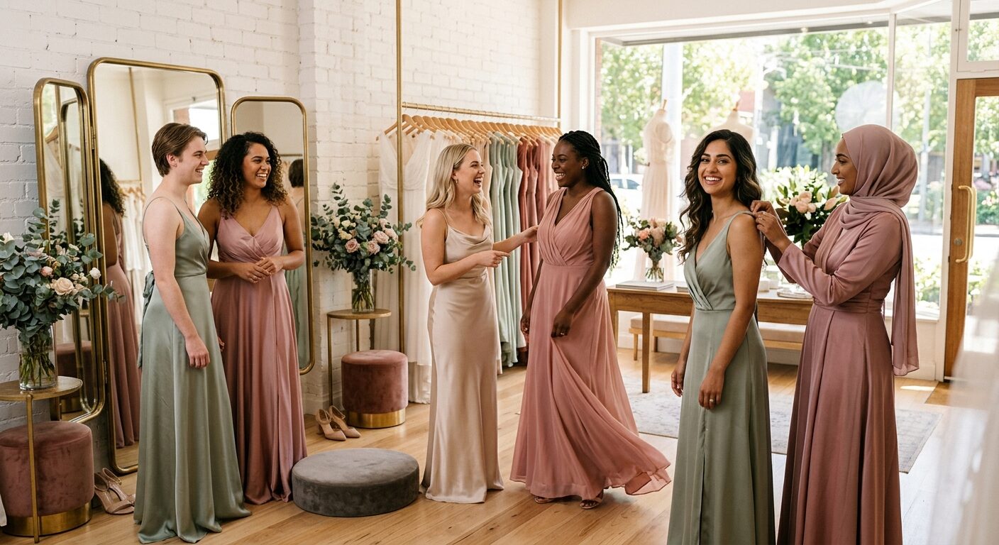 Bridesmaids trying on dresses in a modern boutique
