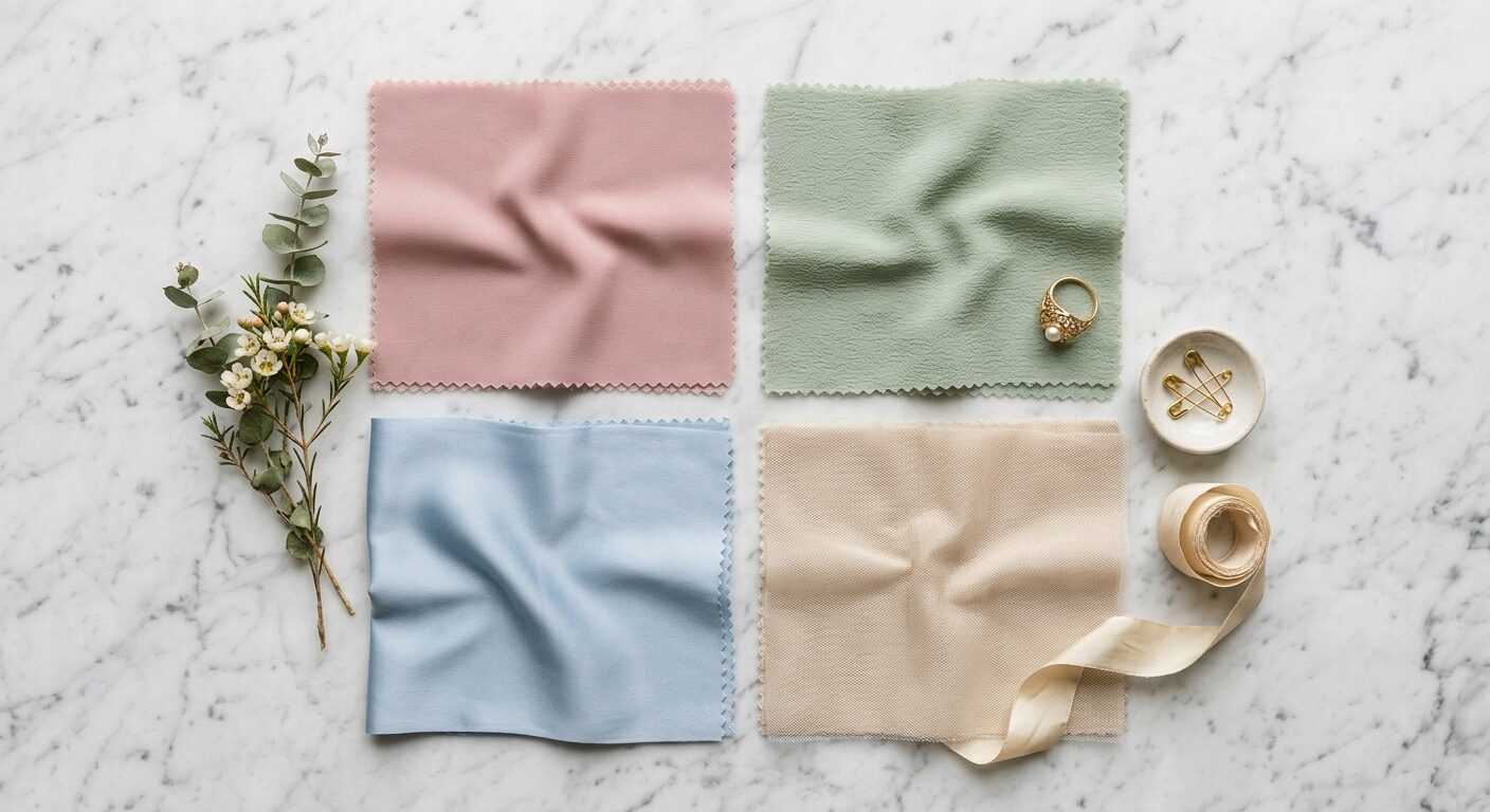 Close-up of bridesmaid dress fabric swatches in pastel colours