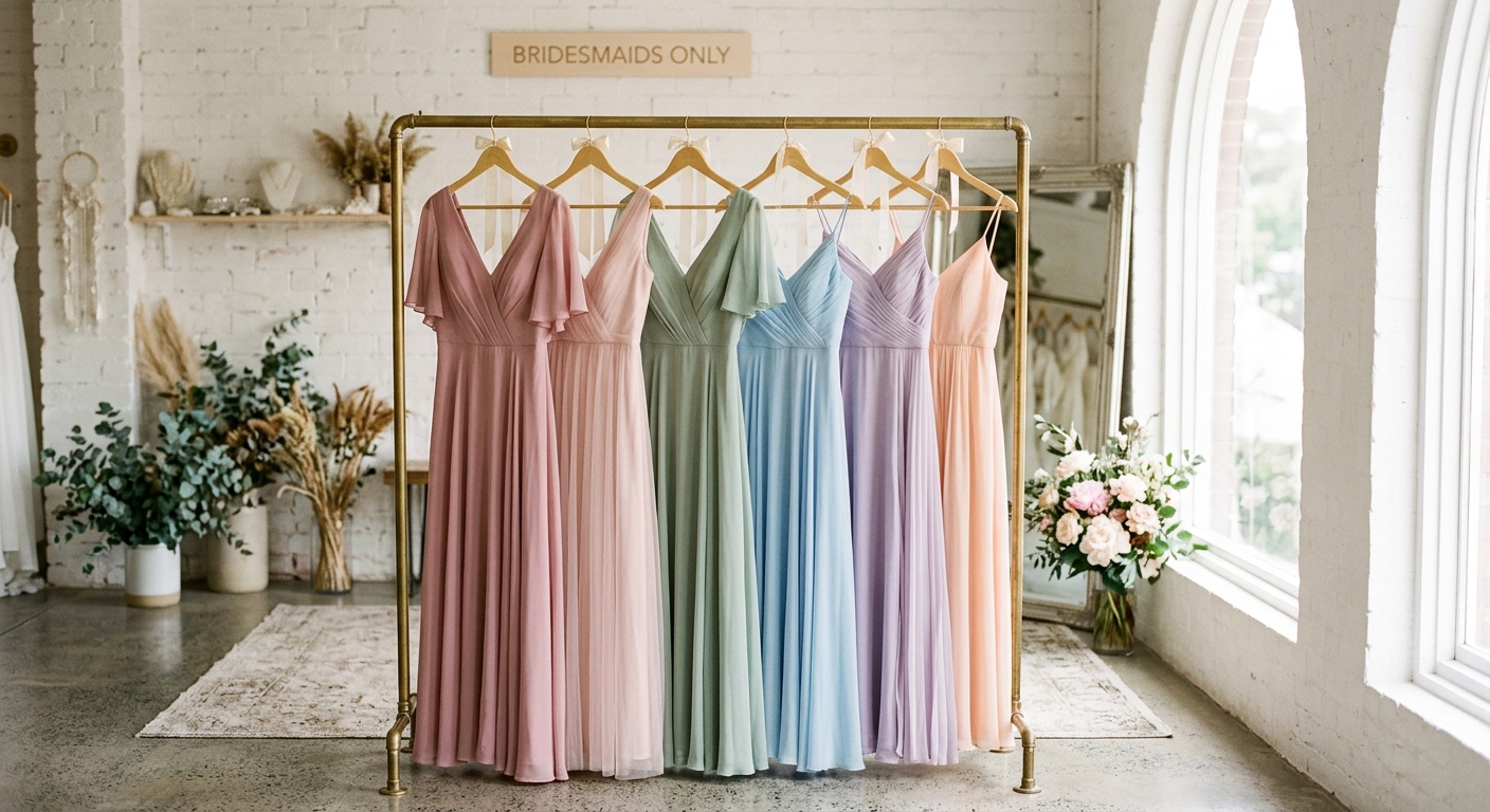Elegant pastel bridesmaid dresses hanging on a rail in a bright boutique, natural light, editorial wedding photography s