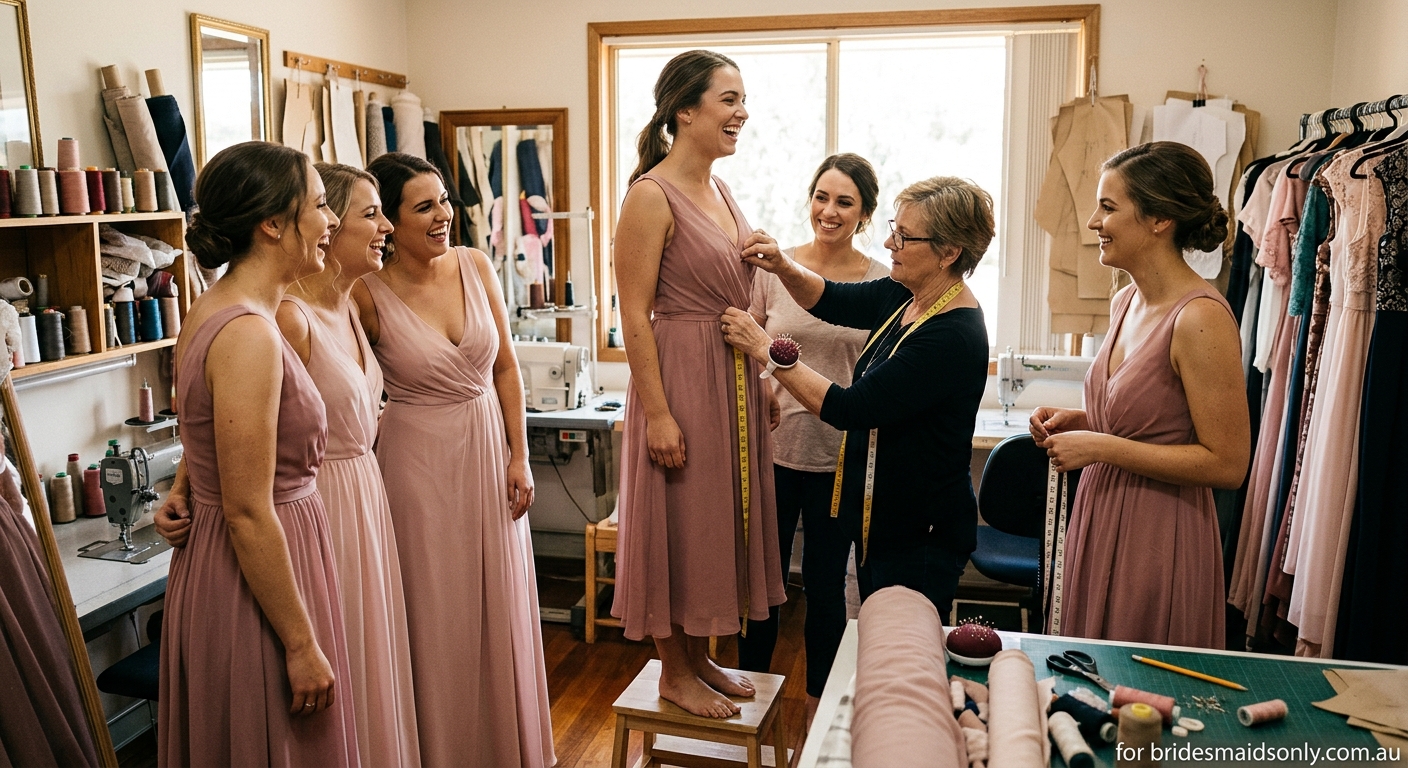 Bridesmaids having a fitting session at a tailor, pins and measuring tape visible, warm candid moment — for bridesmaidso