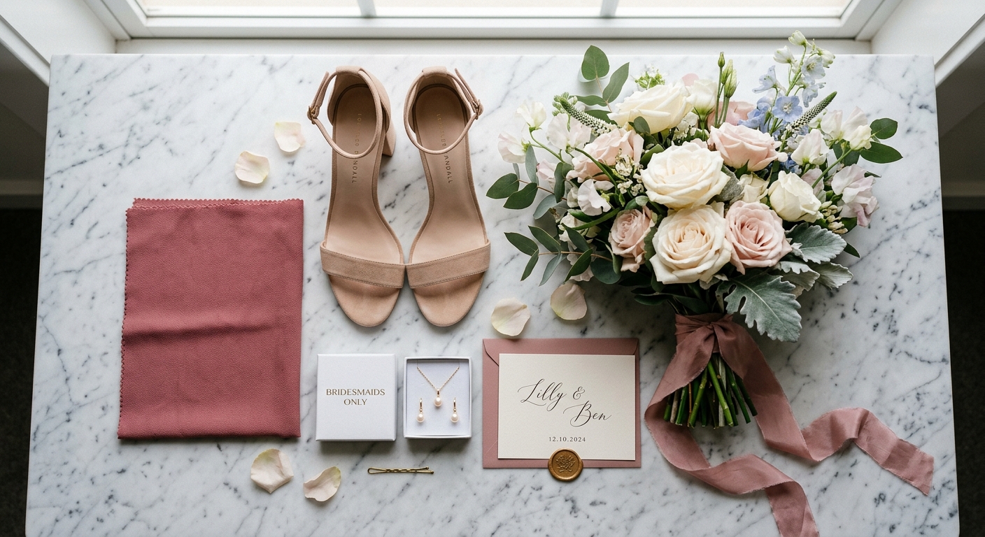 Flat-lay of bridesmaid accessories: shoes, bouquet, jewelry, and a dress swatch on marble — for bridesmaidsonly.com.au