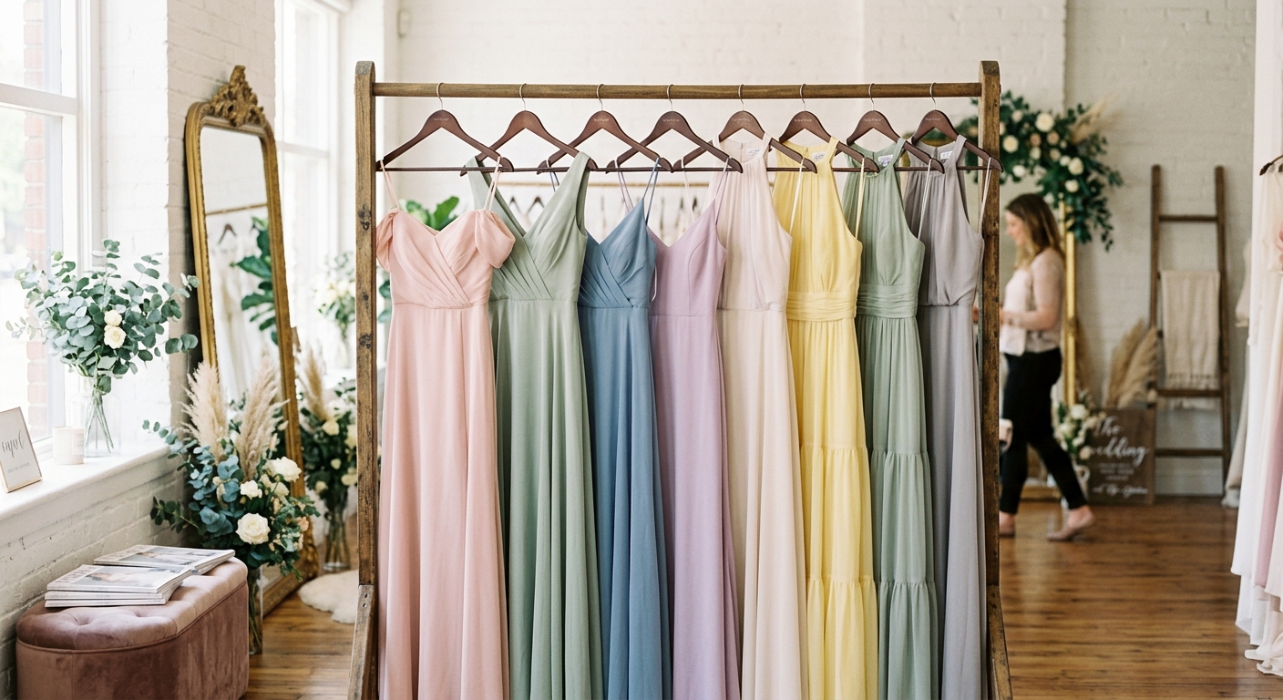 Elegant pastel bridesmaid dresses hanging on a rail in a bright boutique, natural light, editorial wedding photography s