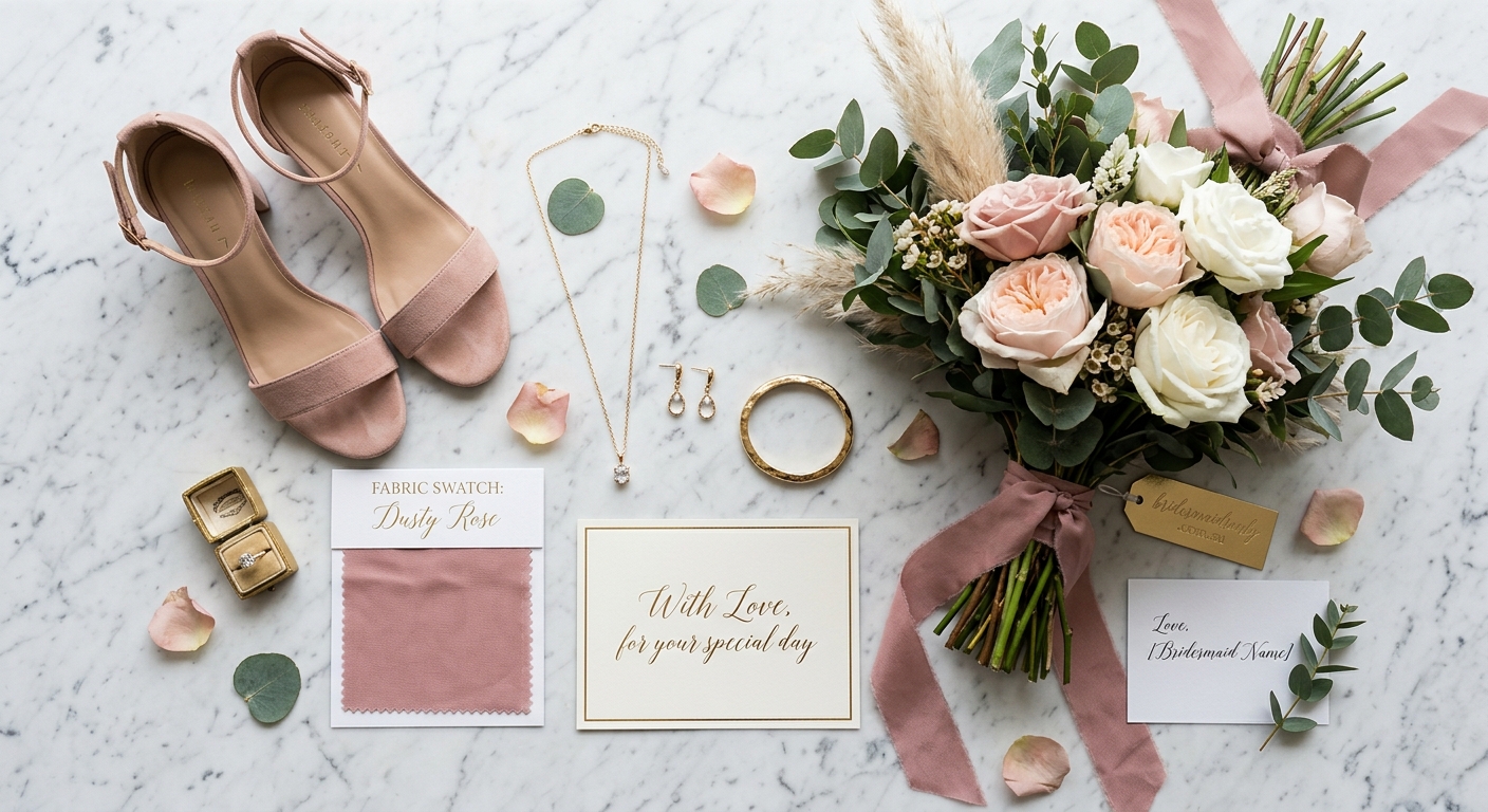 Flat-lay of bridesmaid accessories: shoes, bouquet, jewelry, and a dress swatch on marble — for bridesmaidsonly.com.au
