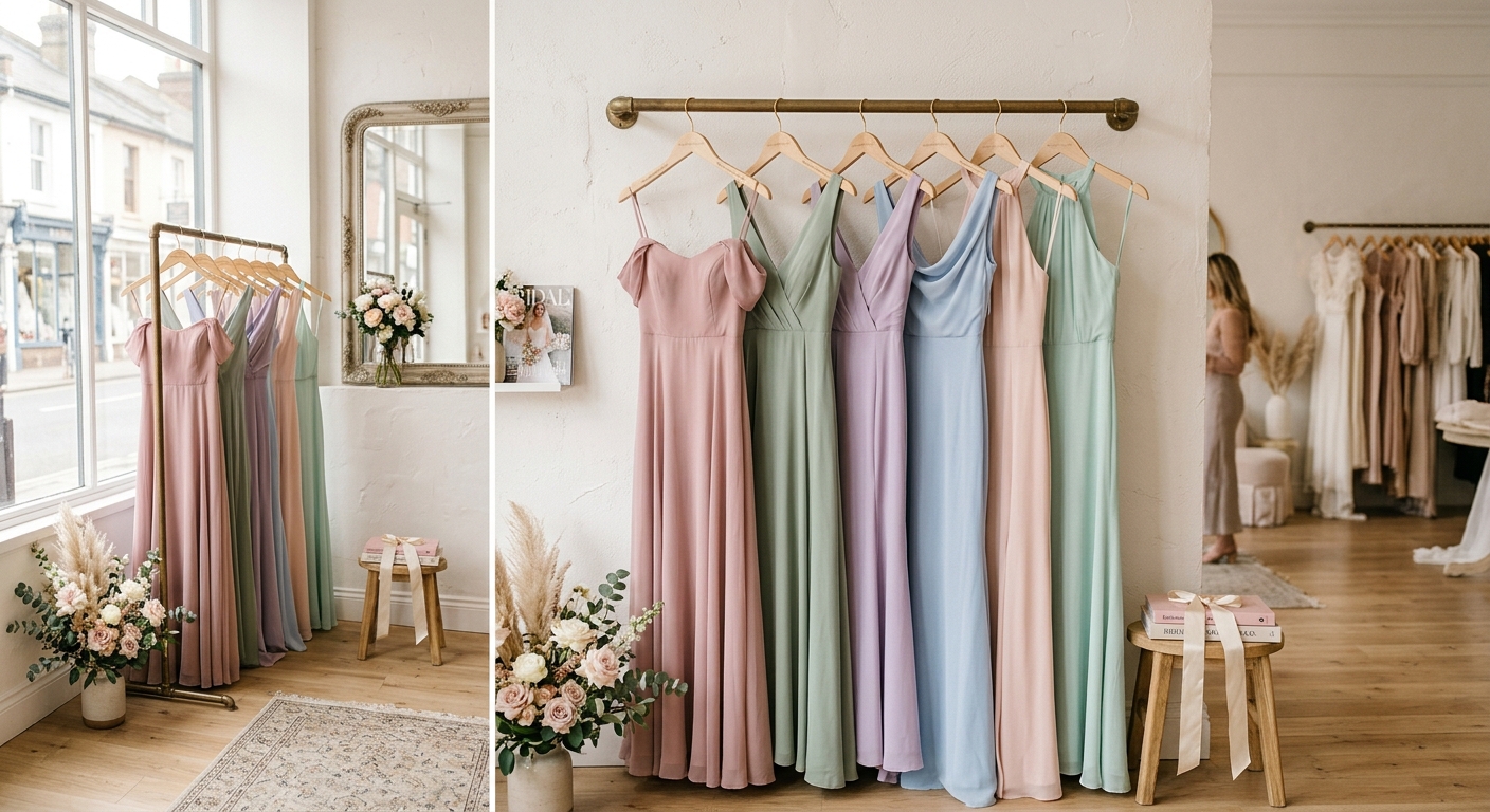 Elegant pastel bridesmaid dresses hanging on a rail in a bright boutique, natural light, editorial wedding photography style — for bridesmaidsonly.com.au