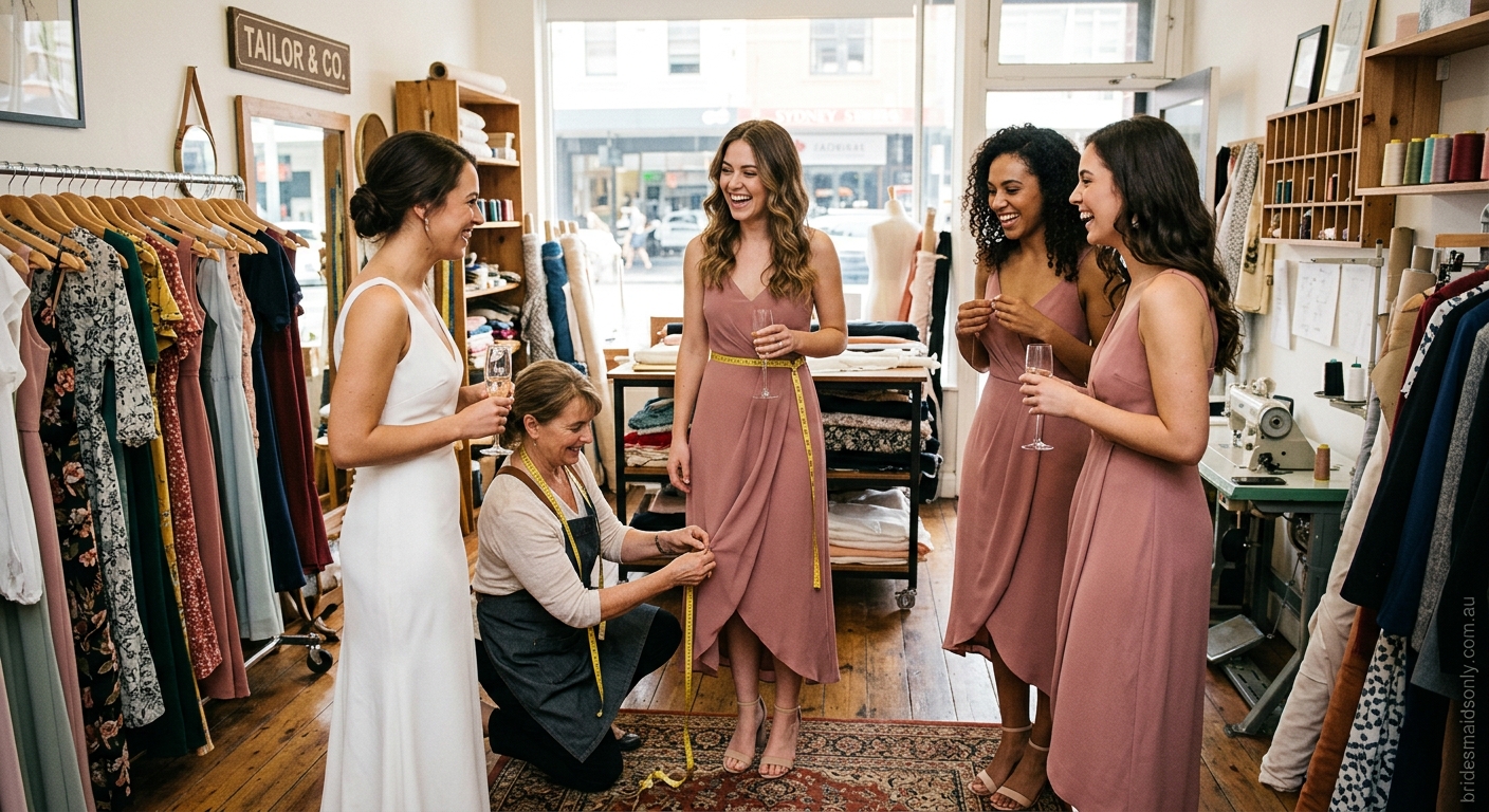 Bridesmaids having a fitting session at a tailor, pins and measuring tape visible, warm candid moment — for bridesmaidsonly.com.au