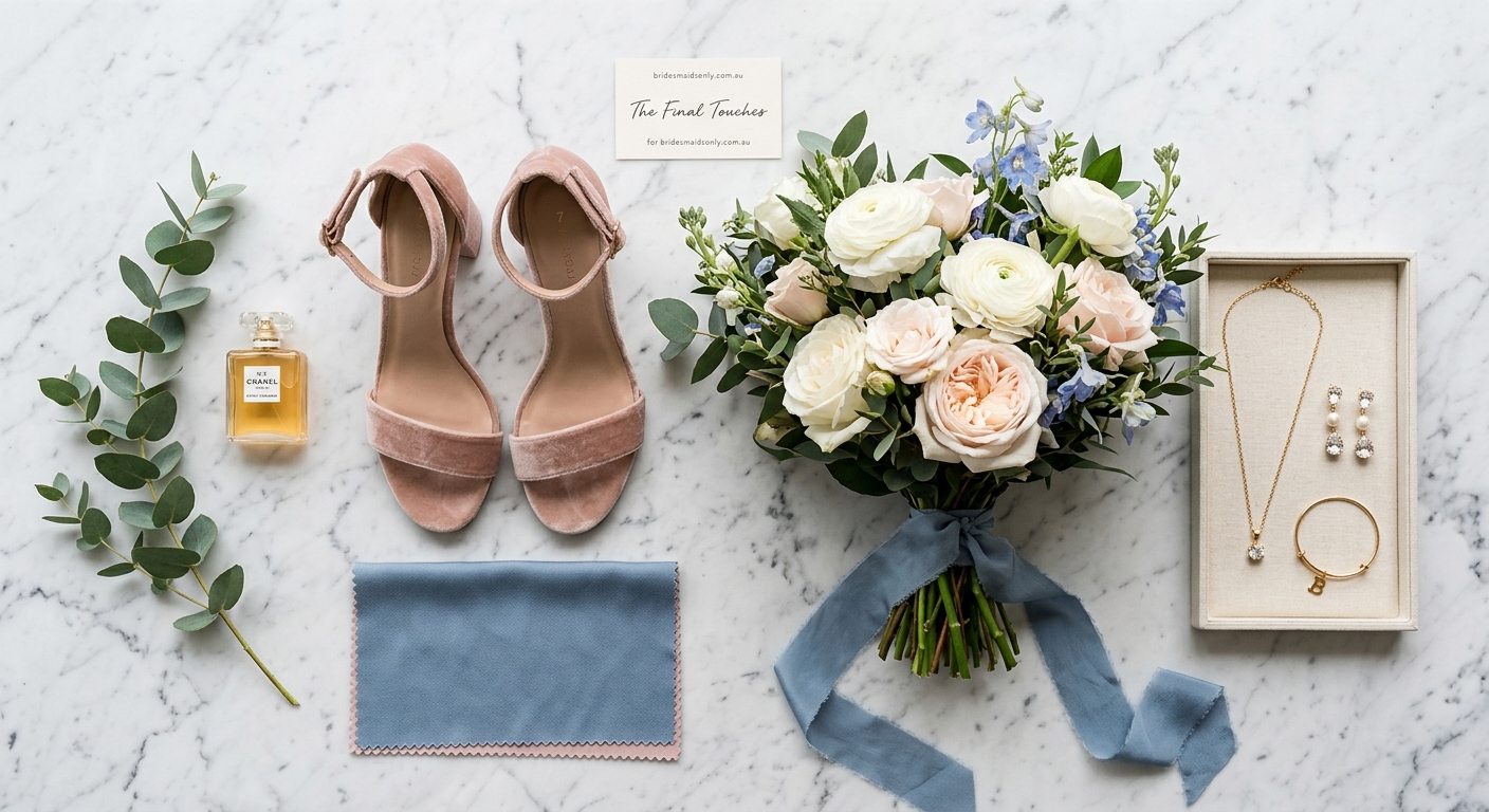 Flat-lay of bridesmaid accessories: shoes, bouquet, jewelry, and a dress swatch on marble — for bridesmaidsonly.com.au