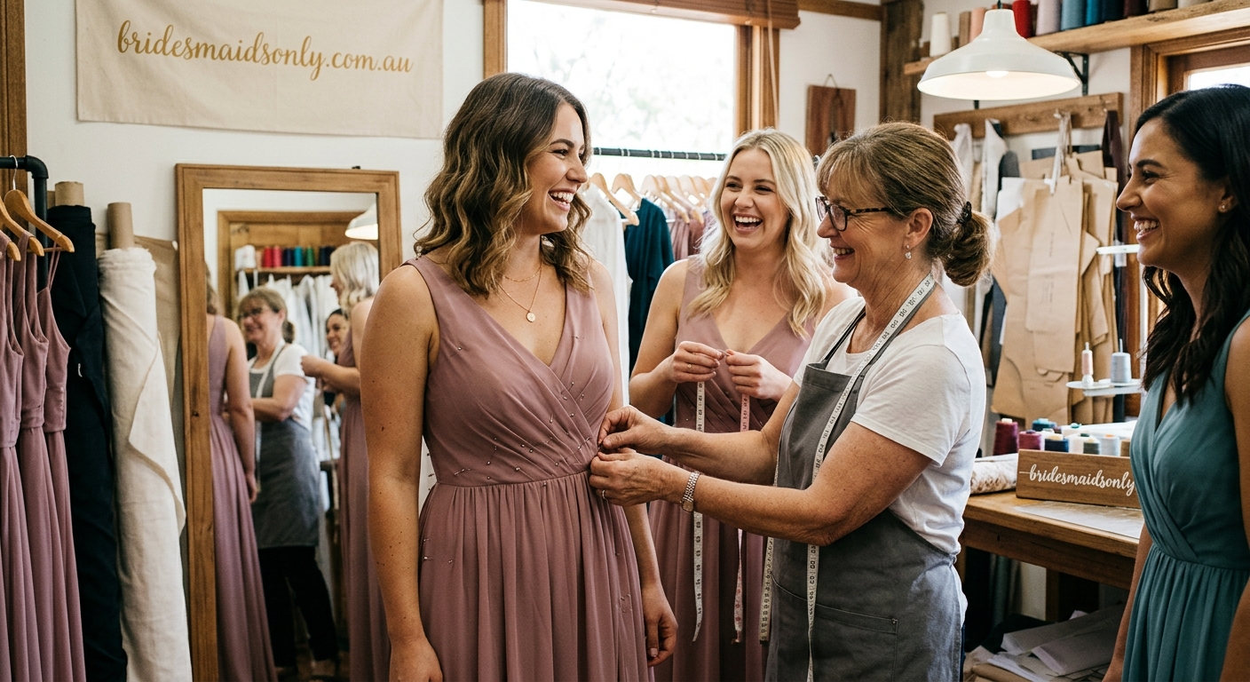 Bridesmaids having a fitting session at a tailor, pins and measuring tape visible, warm candid moment — for bridesmaidsonly.com.au
