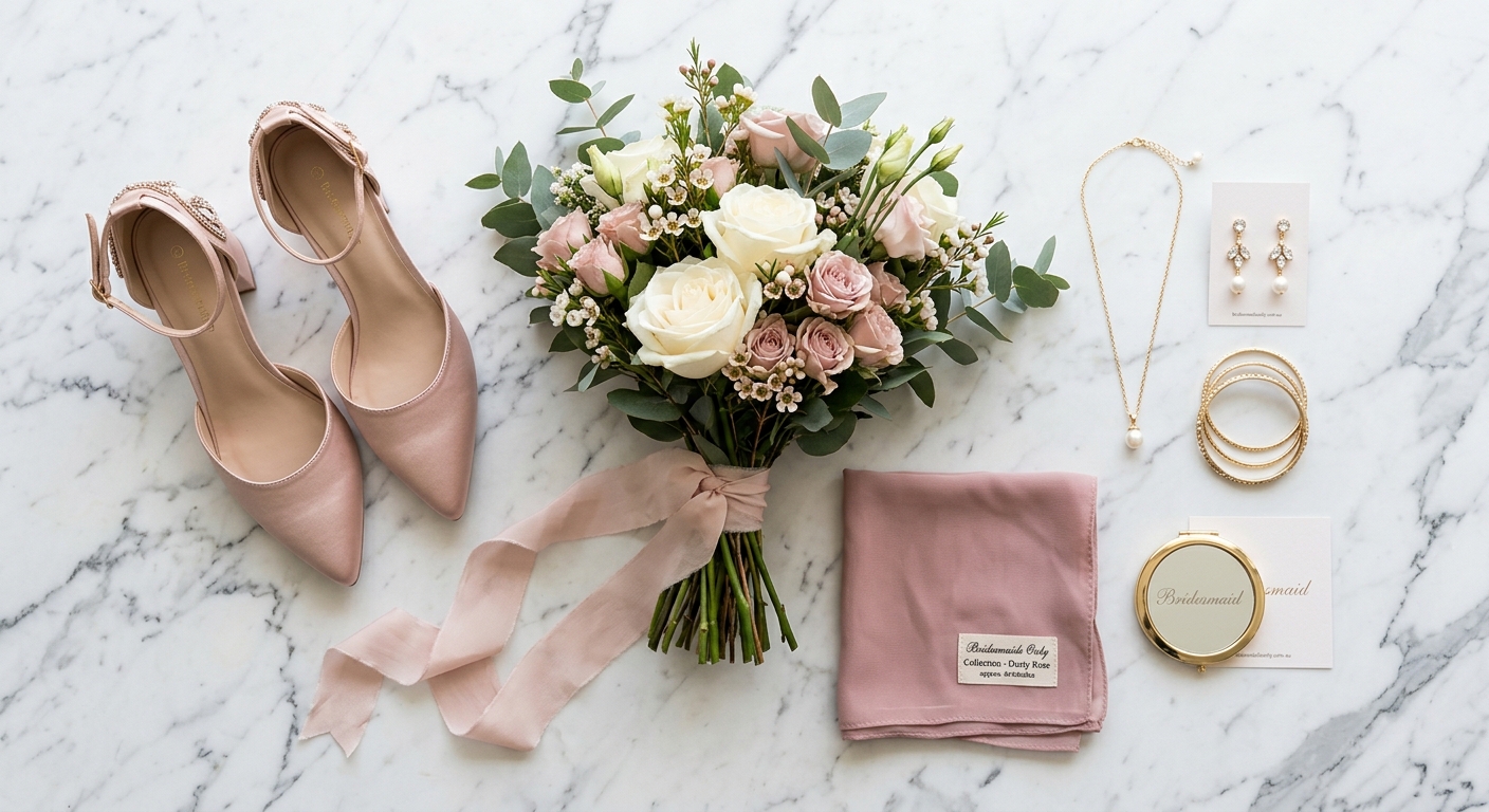 Flat-lay of bridesmaid accessories: shoes, bouquet, jewelry, and a dress swatch on marble — for bridesmaidsonly.com.au
