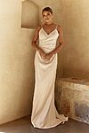 champagne Ella bridesmaid dress by Tania Olsen, matte satin floor-length gown, back view