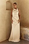 champagne Ella bridesmaid dress by Tania Olsen, matte satin floor-length gown, front view