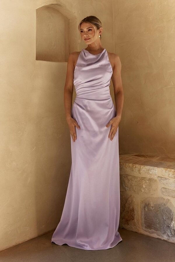 Ella Lilac Bridesmaid Dress by Tania Olsen - Front View lilac Ella bridesmaid dress by Tania Olsen, matte satin floor-length gown, front view