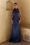 Ella Halter Satin Navy Bridesmaid Dress by Tania Olsen, front view