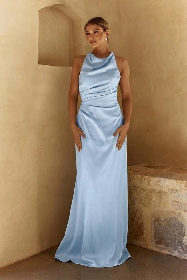 Ella Pale Blue Bridesmaid Dress by Tania Olsen — Front View Pale blue Ella bridesmaid dress by Tania Olsen, satin floor-length gown, front view