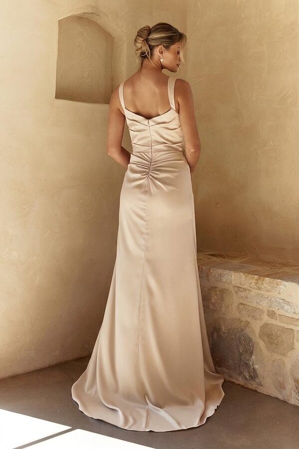 Eve Champagne Bridesmaid Dress by Tania Olsen - Back View champagne Eve bridesmaid dress by Tania Olsen, brushed satin floor-length gown, back view