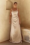 champagne Eve bridesmaid dress by Tania Olsen, brushed satin floor-length gown, front view