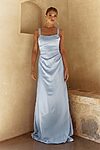 pale blue Eve bridesmaid dress by Tania Olsen, brushed satin floor-length gown, front view