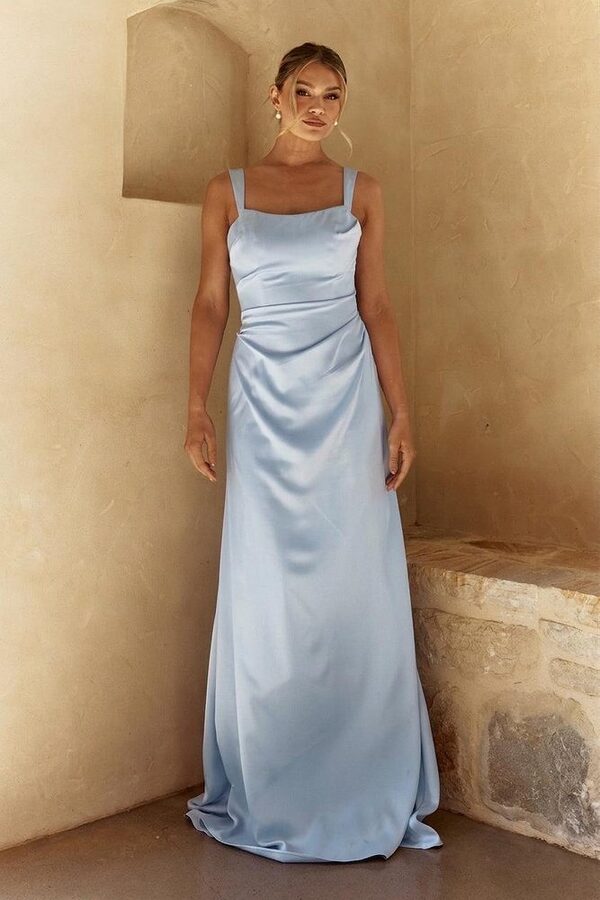 Eve Pale Blue Bridesmaid Dress by Tania Olsen - Front View pale blue Eve bridesmaid dress by Tania Olsen, brushed satin floor-length gown, front view