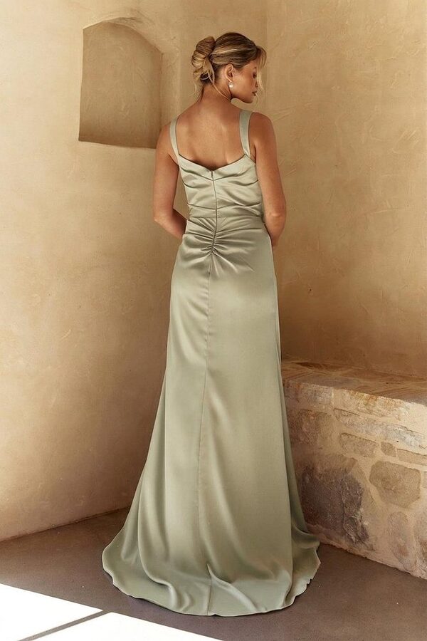 Eve Sage Bridesmaid Dress by Tania Olsen - Back View sage Eve bridesmaid dress by Tania Olsen, brushed satin floor-length gown, back view