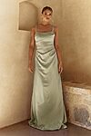 sage Eve bridesmaid dress by Tania Olsen, brushed satin floor-length gown, front view