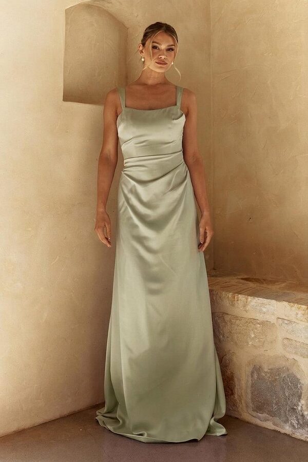 Eve Sage Bridesmaid Dress by Tania Olsen - Front View sage Eve bridesmaid dress by Tania Olsen, brushed satin floor-length gown, front view