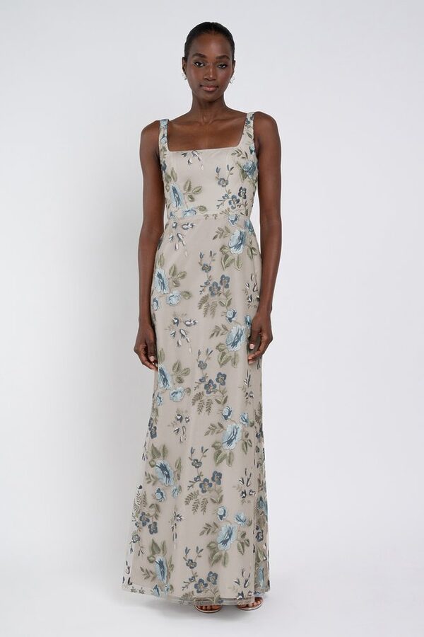 Enchanted Floral Blue Agate Lilly Bridesmaid Dress by Jenny Yoo — Front View enchanted floral blue agate Lilly bridesmaid dress by Jenny Yoo, embroidered gown, front view