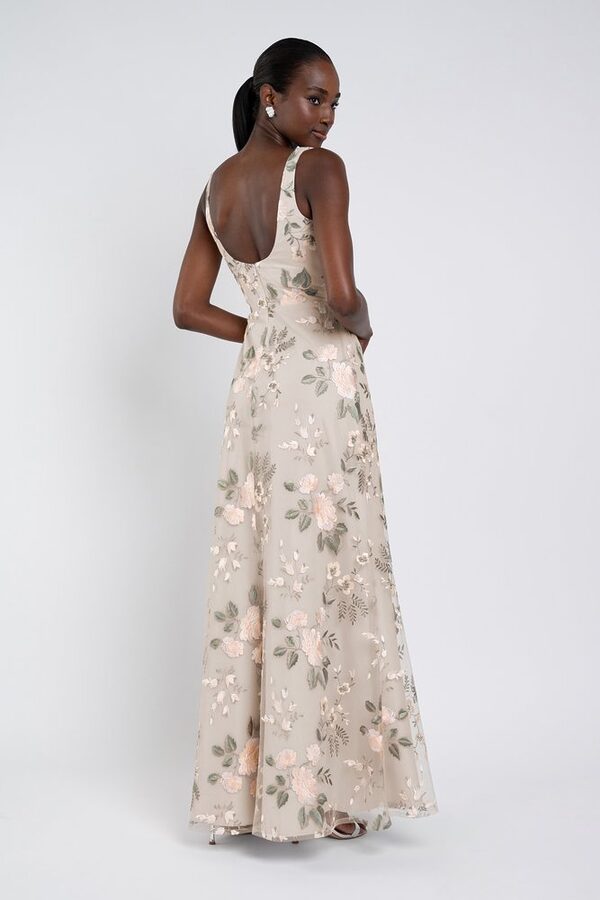 Enchanted Floral Blush Sand Dune Lilly Bridesmaid Dress by Jenny Yoo — Back View enchanted floral blush sand dune Lilly bridesmaid dress by Jenny Yoo, embroidered gown, back view