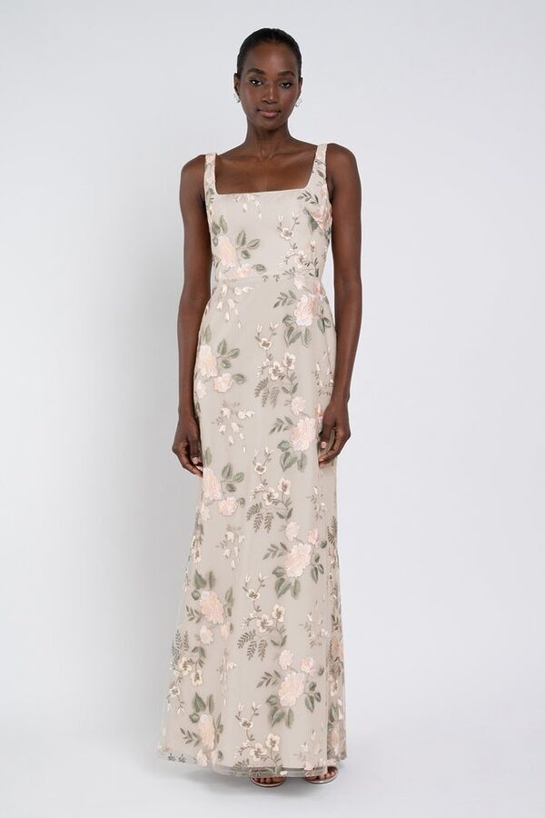 Enchanted Floral Blush Sand Dune Lilly Bridesmaid Dress by Jenny Yoo — Front View enchanted floral blush sand dune Lilly bridesmaid dress by Jenny Yoo, embroidered gown, front view