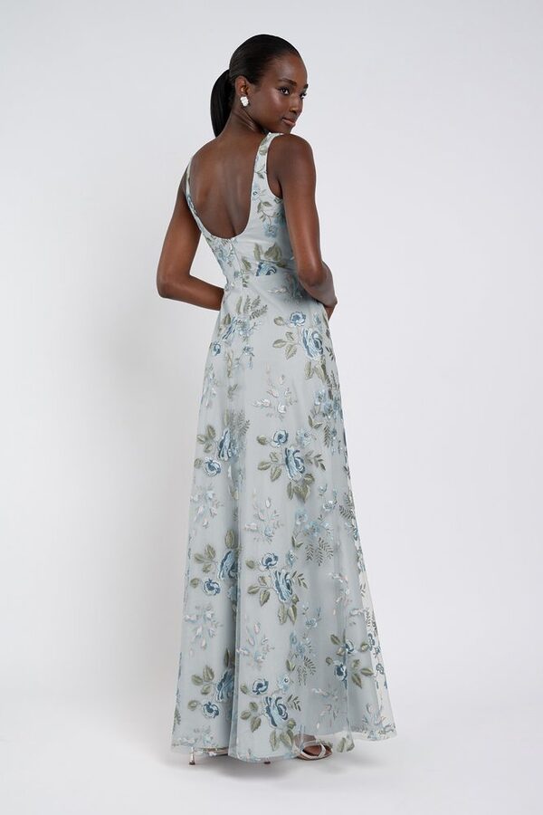 Enchanted Floral Serenity Blue Lilly Bridesmaid Dress by Jenny Yoo — Back View enchanted floral serenity blue Lilly bridesmaid dress by Jenny Yoo, embroidered gown, back view
