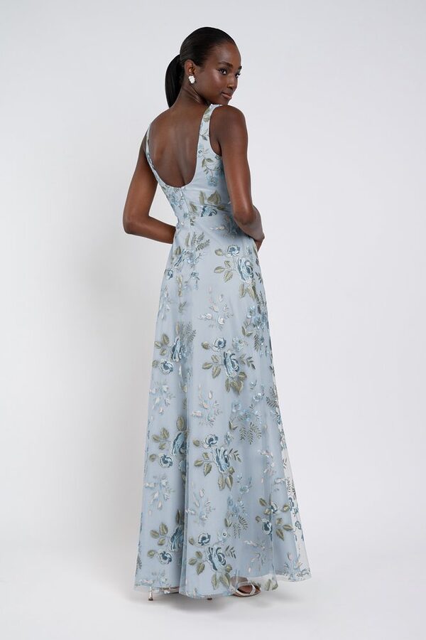 Enchanted Floral Whisper Blue Lilly Bridesmaid Dress by Jenny Yoo — Back View enchanted floral whisper blue Lilly bridesmaid dress by Jenny Yoo, embroidered gown, back view