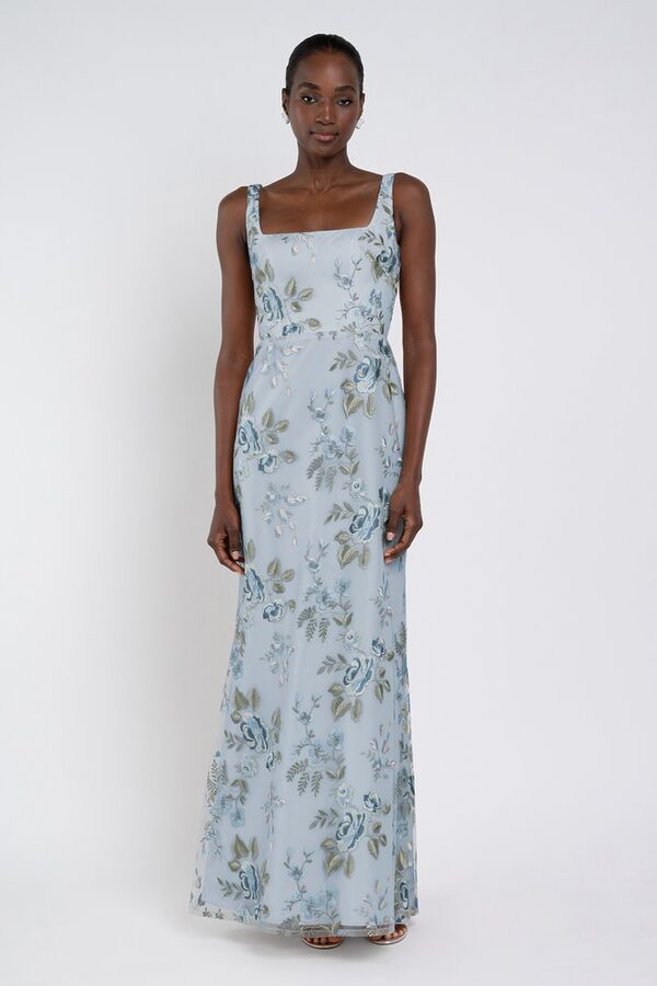 Enchanted Floral Whisper Blue Lilly Bridesmaid Dress by Jenny Yoo — Front View enchanted floral whisper blue Lilly bridesmaid dress by Jenny Yoo, embroidered gown, front view