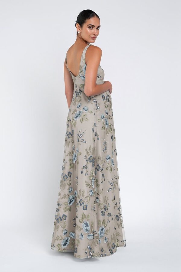Enchanted Floral Blue Agate Lilly Maternity Bridesmaid Dress by Jenny Yoo — Back View enchanted floral blue agate Lilly maternity bridesmaid dress by Jenny Yoo, embroidered tulle gown, back view