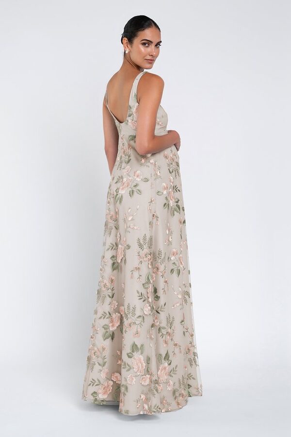 Enchanted Floral Blush Sand Dune Lilly Maternity Bridesmaid Dress by Jenny Yoo — Back View enchanted floral blush sand dune Lilly maternity bridesmaid dress by Jenny Yoo, embroidered tulle gown, back view