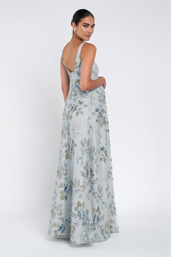 Enchanted Floral Serenity Blue Lilly Maternity Bridesmaid Dress by Jenny Yoo — Back View enchanted floral serenity blue Lilly maternity bridesmaid dress by Jenny Yoo, embroidered tulle gown, back view
