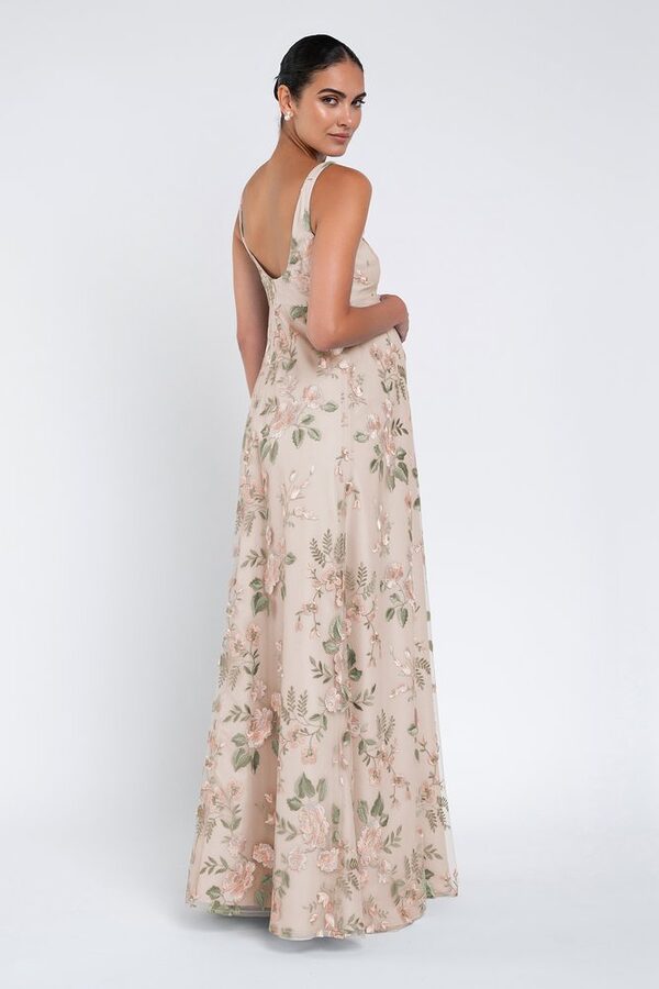 Enchanted Floral Soft Blush Lilly Maternity Bridesmaid Dress by Jenny Yoo — Back View enchanted floral soft blush Lilly maternity bridesmaid dress by Jenny Yoo, embroidered tulle gown, back view