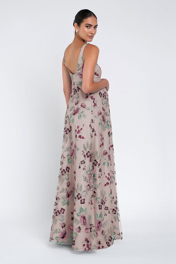Enchanted Floral Vintage Iris Lilly Maternity Bridesmaid Dress by Jenny Yoo — Back View enchanted floral vintage iris Lilly maternity bridesmaid dress by Jenny Yoo, embroidered tulle gown, back view