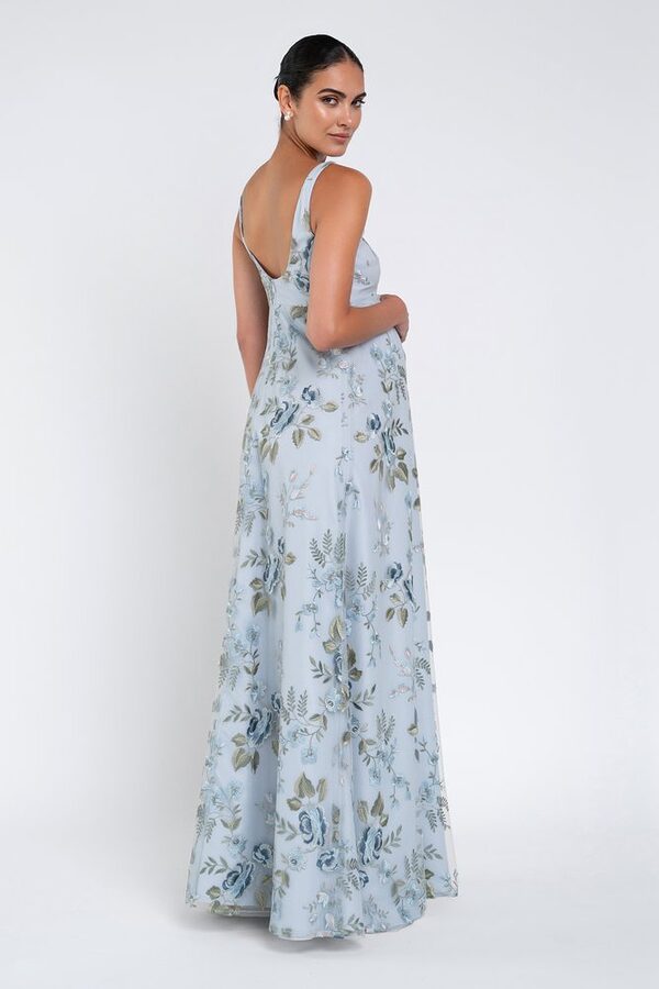 Enchanted Floral Whisper Blue Lilly Maternity Bridesmaid Dress by Jenny Yoo — Back View enchanted floral whisper blue Lilly maternity bridesmaid dress by Jenny Yoo, embroidered tulle gown, back view