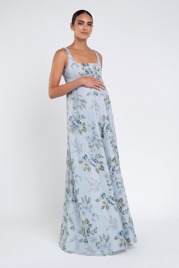 Enchanted Floral Whisper Blue Lilly Maternity Bridesmaid Dress by Jenny Yoo — Front View enchanted floral whisper blue Lilly maternity bridesmaid dress by Jenny Yoo, embroidered tulle gown, front view