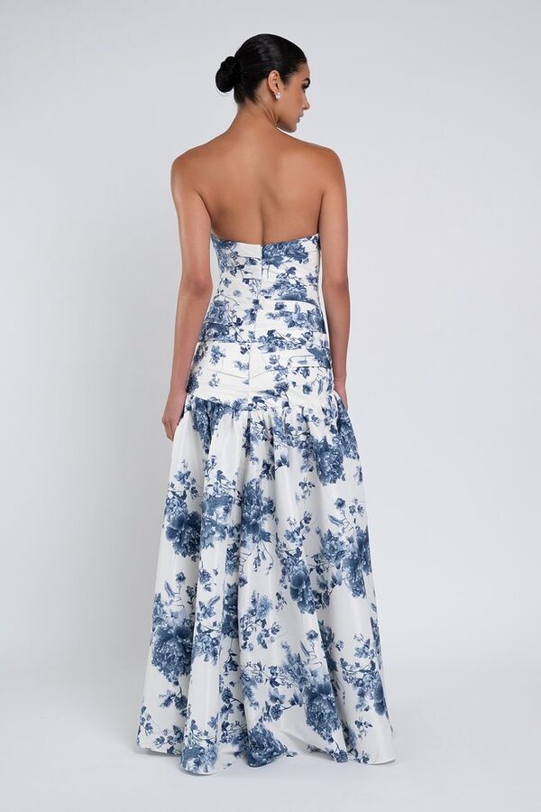 Peony Garden Blue Multi Sarah Print Bridesmaid Dress by Jenny Yoo — Back View peony garden blue multi Sarah Print bridesmaid dress by Jenny Yoo, printed taffeta gown, back view
