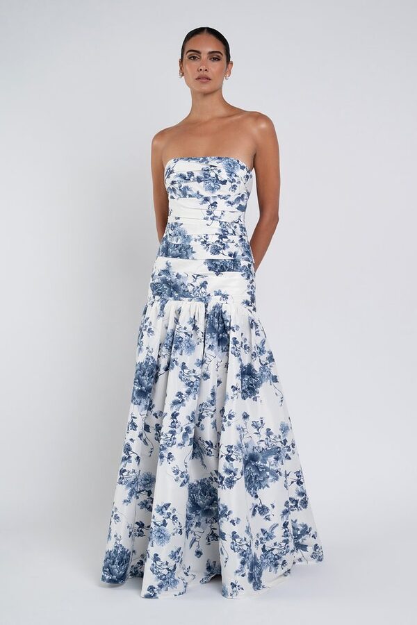 Peony Garden Blue Multi Sarah Print Bridesmaid Dress by Jenny Yoo — Front View peony garden blue multi Sarah Print bridesmaid dress by Jenny Yoo, printed taffeta gown, front view